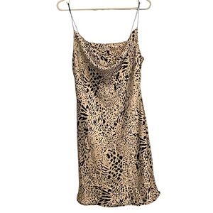 Timing cheetah animal Print Mini Slip Dress Cowle Neck Black Tan party dress